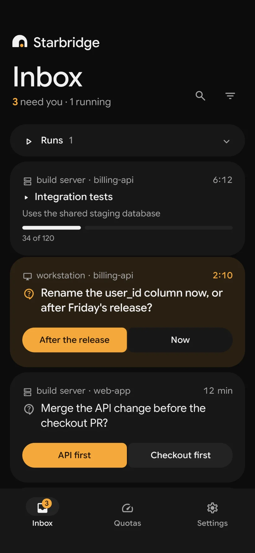 The Android inbox with runs and questions