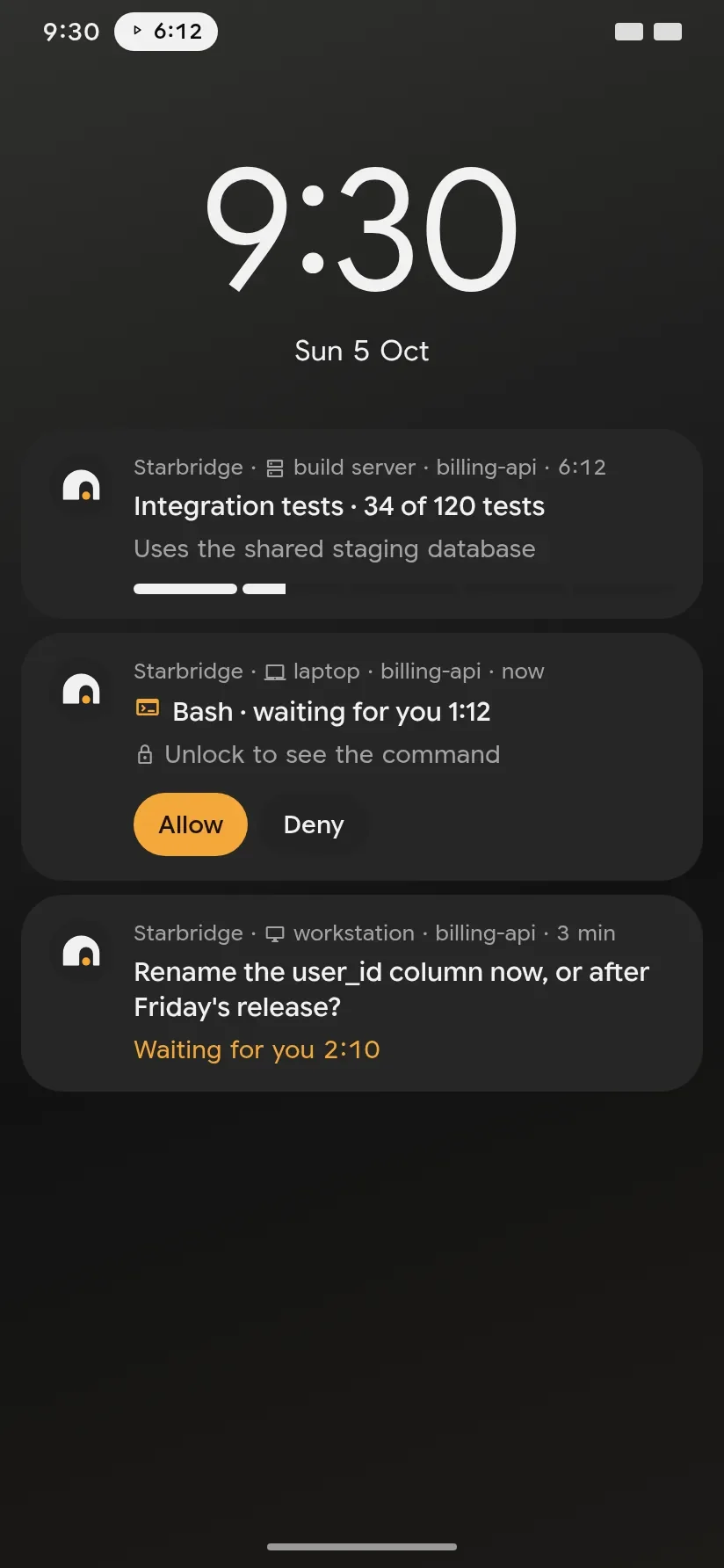 The lock screen with a run's progress and a waiting prompt
