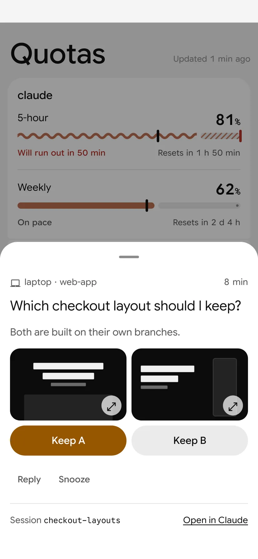 A question on the Android app, "Which checkout layout should I keep?", with a screenshot of each layout and the buttons Keep A and Keep B