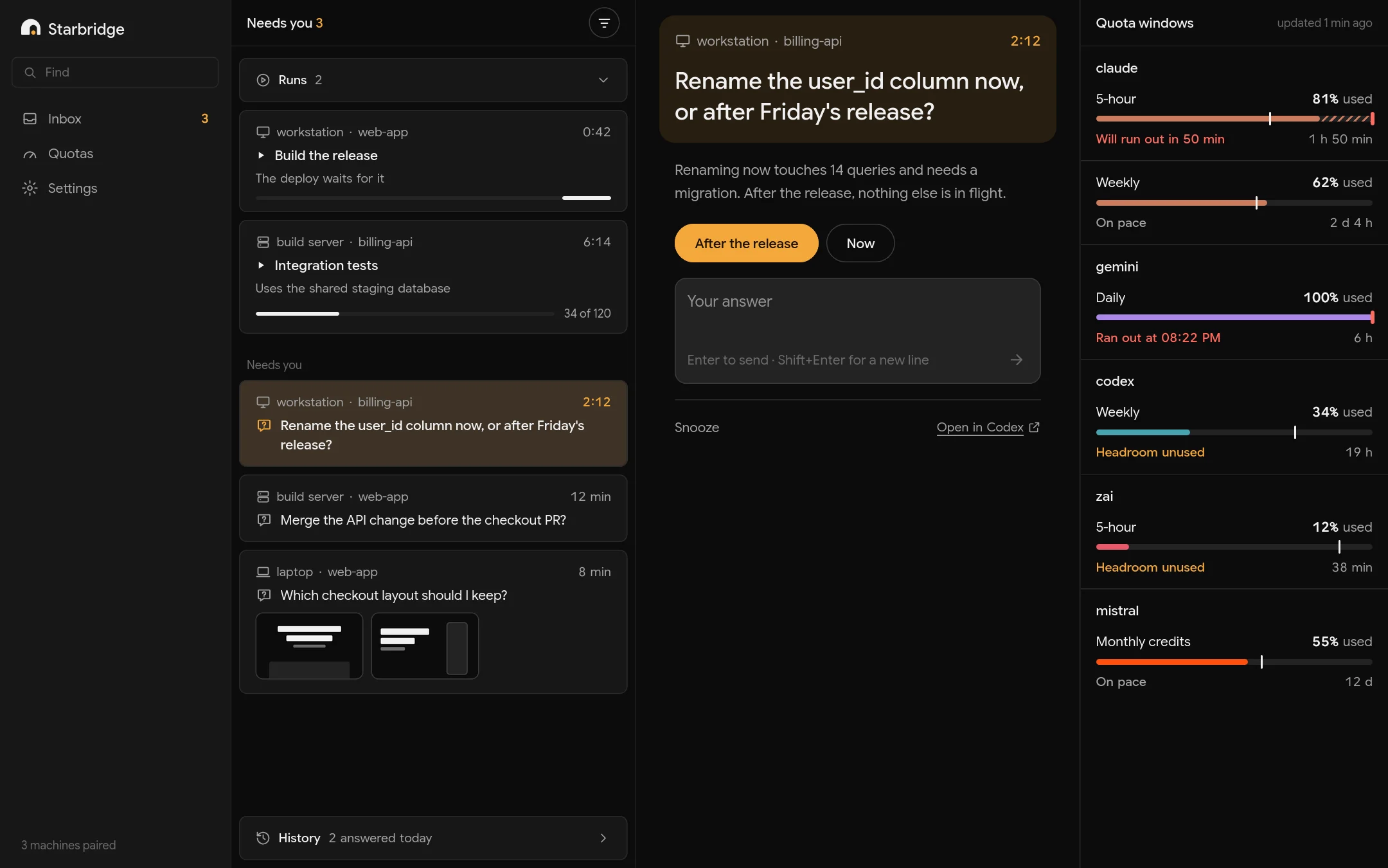 The web inbox: a question with two images open beside the list, quota windows on the right